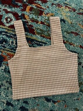 American Eagle Outfitters Cream and Brown Grid Cropped Tank